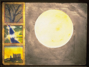 A.D. Earls 
Environmental Moon, 1992 
mixed media: oil/wax, oil stick, encaustic, postcard on aluminum with steel frame 
31" x 41" 
courtesy of the artist 