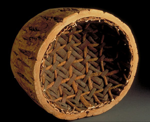 Dorothy Gill Barnes, 1998 Windfall Ridge Bark Bowl, heavy bark with pine weaving and twined base, 6.5" x 9" x 8" 