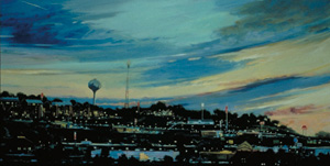 Ron D. Taylor, 1996 
Restaurant Hill 
oil on canvas, 26" x 51" or 66 cm x 129.5 cm 