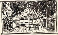 Boris Aronson, set design for Sadie Thompson, Alvin Theatre, New York, 1944; ink and watercolor on paper, 14.5" x 22"