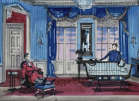 Lloyd Burlingame, set design for The Astrakhan Coat, Broadway, 1966; gouache on illustration board, 9.75" x 19.75"