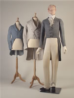 Image of blue cotton plaid morning coat, gray linen morning coat, and blue and white houndstooth morning coat with white linen trousers.