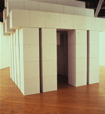 Image of an installation at Buckhan Gallery in Flint Michigan, made with corrugated cardboard boxes approximately 100 square feet--a similar installation will be placed in the Riffe Gallery.