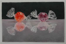 Image of colored pencil drawing titled Orange and Purple Wrapped Candy by Lowell Tolstedt