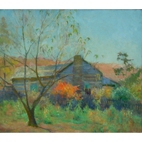 image of a painting by Ada Walter Shulz titled Grandma Barnes Cabin