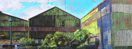image of a painting by Curtis W.M. Goldstein titled The Green Factory on East Second Avenue