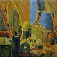 image of a painting by Alicia Jean Vanderelli titled Television City #3 (triptych)