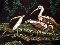Image of a print by Ellie Hug titled White Ibis, reduction linocut, 18 x 16