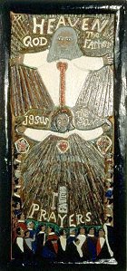 Elijah Pierce 
Power of Prayer, 1960 
Carved and painted wood relief with glitter 20 5/8 x 19 5/8 inches 
Private Collection of Keny Galleries, Columbus 