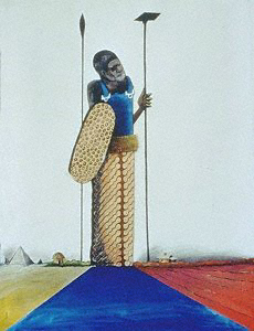 Benny Andrews 
Ive Known Rivers, 1995 
Oil and collage on paper 30 x 22 inches 
Collection of Benny Andrews 