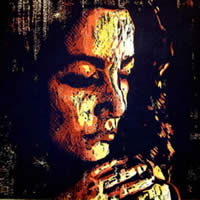 Image of a woodcut print on paper by Elaina Calle-Saari titled Mami