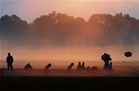 Image of photograph by Gary Harwood titled Ancient Art shows a cutting crew harvesting at dawn.